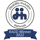 Award graphic for the Disability Inclusion Network's 2022 Winner for Respect, Acceptance, and Dignity of persons with Disabilities (RADD). 