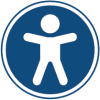 Universal access icon: blue circle behind white human figure with arms and legs outstretched.